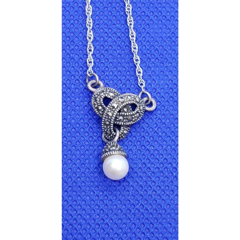 Vintage 925 Sterling Silver & True Marcasite faux Pearl necklace Judith Jack